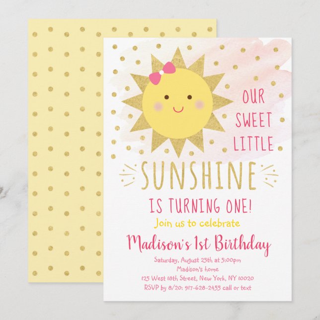 Sunshine Rosa & Guld Första födelsedag Inbjudningar (Fram/baksida)