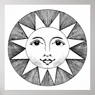 SUNSHINE SOL ANSIKTE BLACK & WHITE ART PRINT POSTER