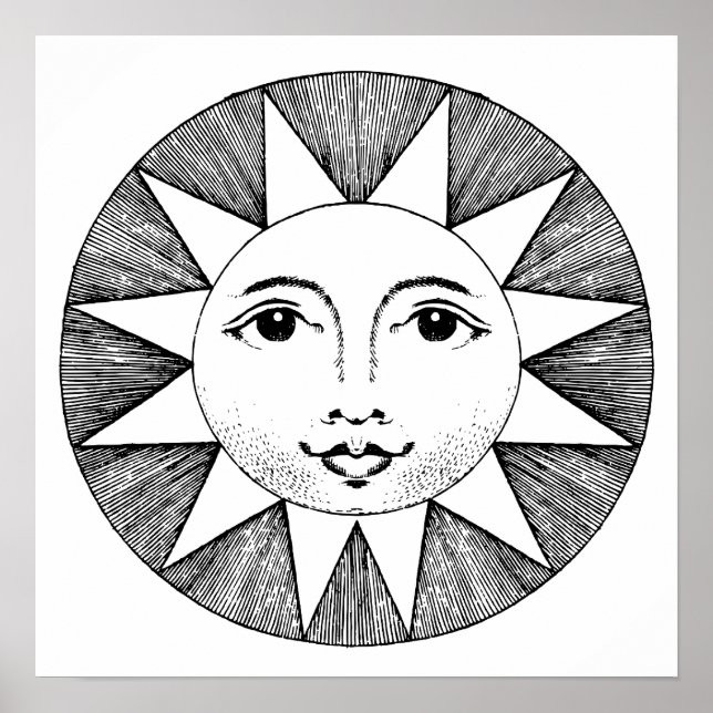 SUNSHINE SOL ANSIKTE BLACK & WHITE ART PRINT POSTER (Framsidan)