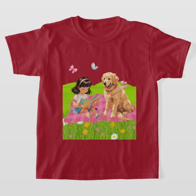Sunshine & Storytime – Girl and Her Dog T Shirt (Laydown)
