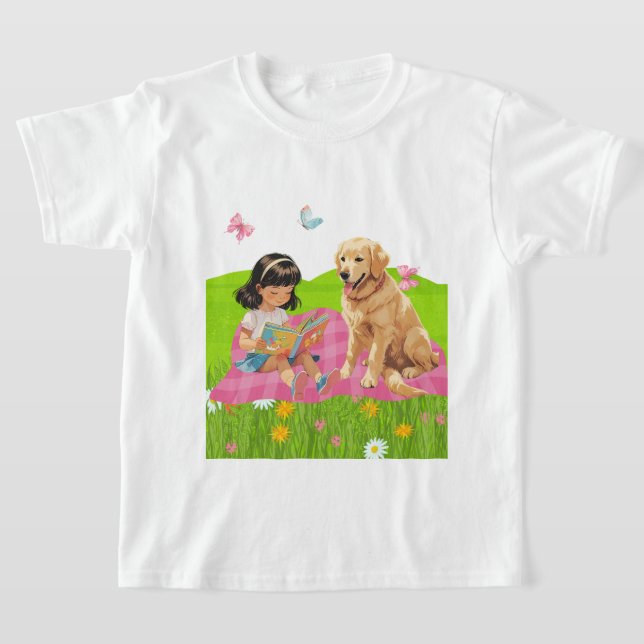 Sunshine & Storytime – Girl and Her Dog T Shirt (Laydown)
