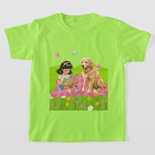 Sunshine & Storytime – Girl and Her Dog T Shirt (Laydown)