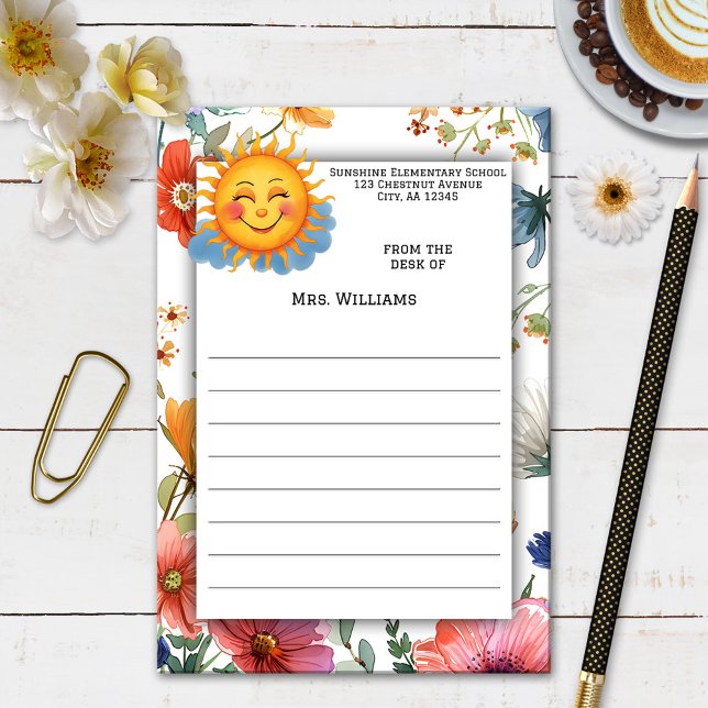 Sunshine Watercolor WildblommTeacher Post-it Block (Post it notes featuring a cute design with a smiling sun on background of watercolor wildflowers)