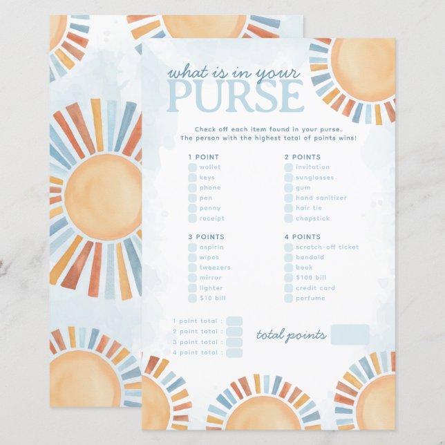 Sunshine What's in Your Purse Baby Shower Game (Fram/baksida)