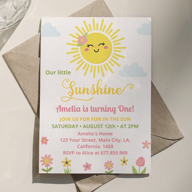 Sunshine Wildblomma Party 1:a födelsedagsinbjudan Inbjudningar (Skapare uppladdad)