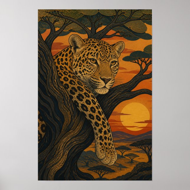 Sunward III — Leopard vid solnedgång Poster (Framsidan)