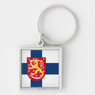 Suomi Flagga med överlagrad jacka av arm Fyrkantig Silverfärgad Nyckelring