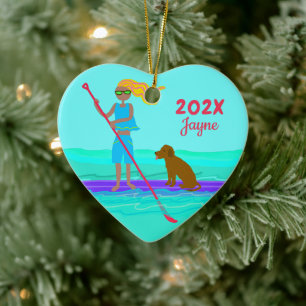 SUP Girl Hund Paddleboarding jul Julgransprydnad Keramik