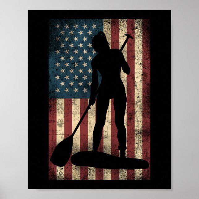 SUP Paddleboard Girl American Flagga Usa Patriotic Poster (Framsidan)