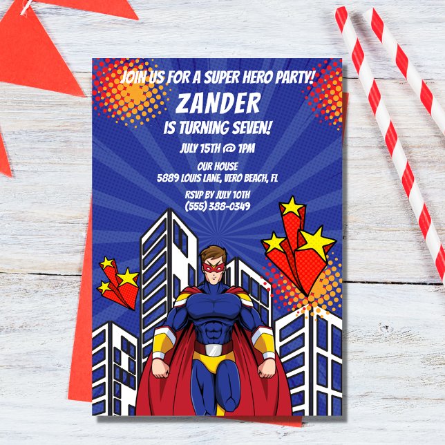 Supehjälte Skyline Boy Födelsedagsfest inbjudan (Supehero Skyline Boy Birthday Party Invitation)