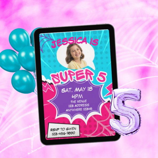 Super 5 Pink Purple Web Comic 5th Birthday  Inbjudningar (Skapare uppladdad)