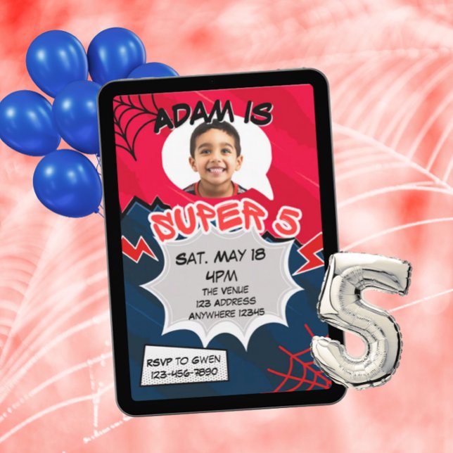 Super 5 Red Black Web Comic 5th Birthday  Inbjudningar (Skapare uppladdad)