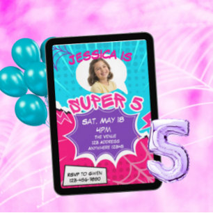 Super 5 Rosa Lila Webbserie 5-årsfirande Inbjudningar
