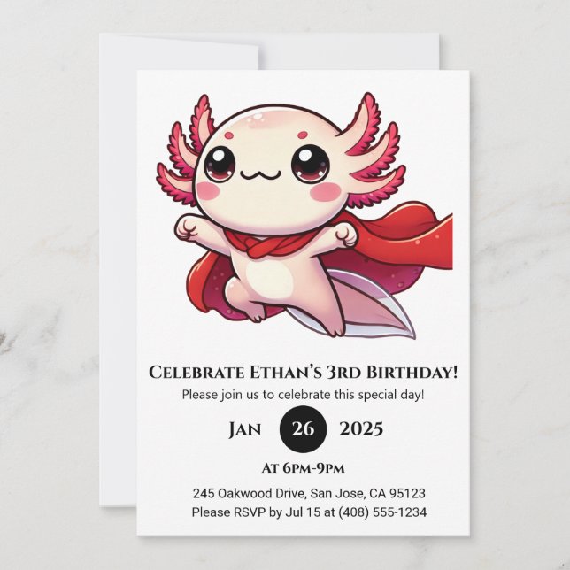 Super Axolotl Hero Birthday Inbjudningar (Framsida)