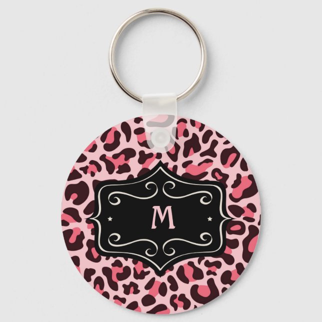 Super Cool Hot Pink Svart Leopard Print Monogram K Nyckelring (Framsida)
