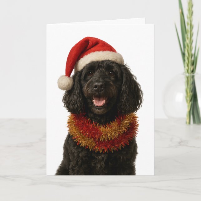 Super cute black Cockerpoo Christmas card Kort (Framsida)