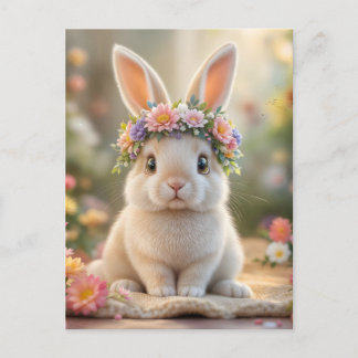 Super cute bunny with a flower wreath on its head  helg vykort