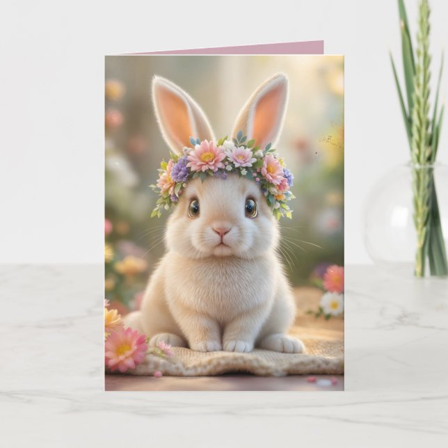 Super cute bunny with a flower wreath on its head  helgkort (Framsida)