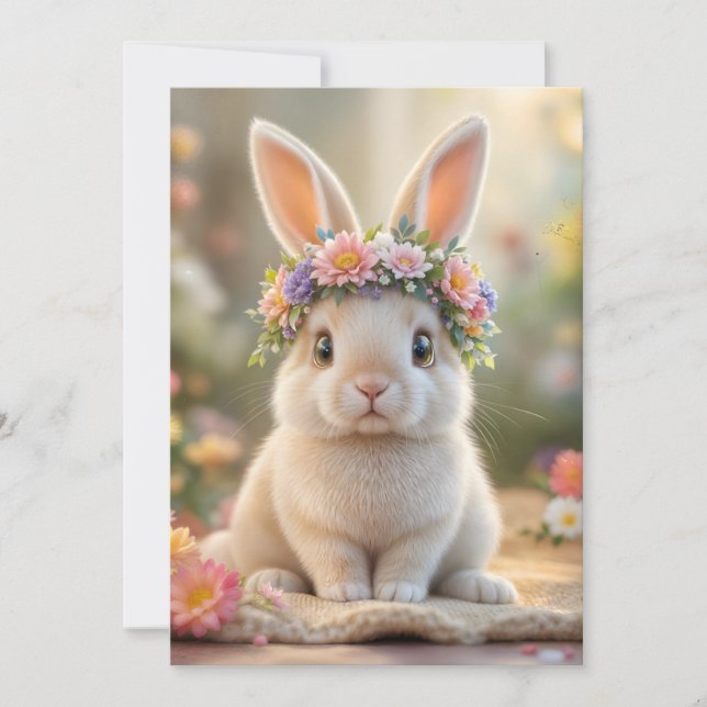 Super cute bunny with a flower wreath on its head  julkort (Framsida)