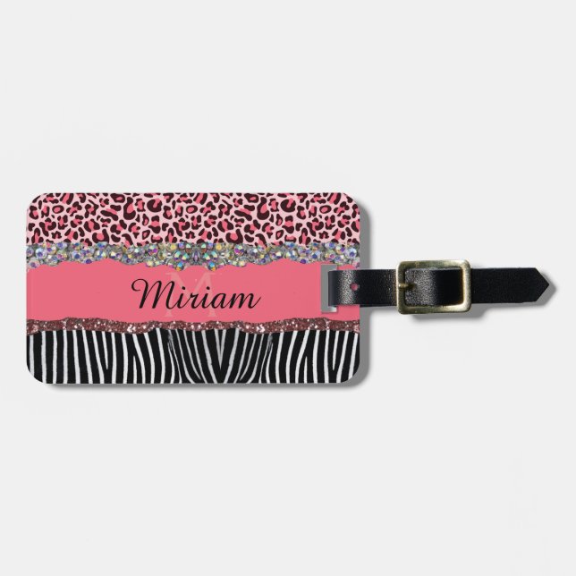 Super girligt rosa glitter exotiskt leopardtryck bagagebricka (Horisontell Framsida)