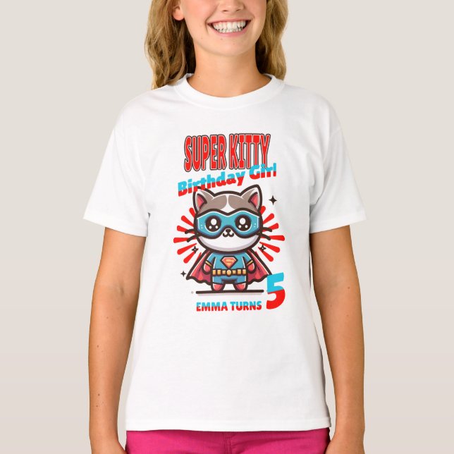 Super Kitty Födelsedags Tjej T-Shirt (Redigerbar) (Framsida)