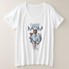 Super Mamma Blå Akvarell Mamma och Barn Konst T Shirt
