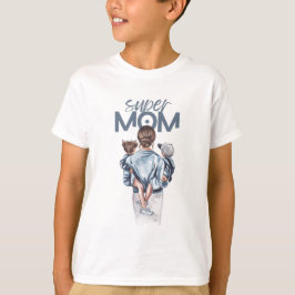 Super Mamma Blå Akvarell Mamma och Barn Konst T Shirt