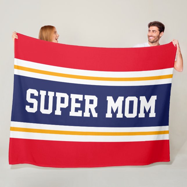 SUPER MAMMA Ljus Röd Vit Marinblå Ränder Fleecefilt (På plats)