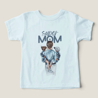 Super Mom Blue Watercolor Mother and Children Art T Shirt