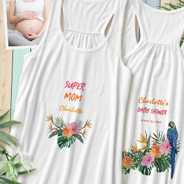 SUPER MOM Tropisk Papegoja Bakretryck Baby Shower Linne Med Racerback