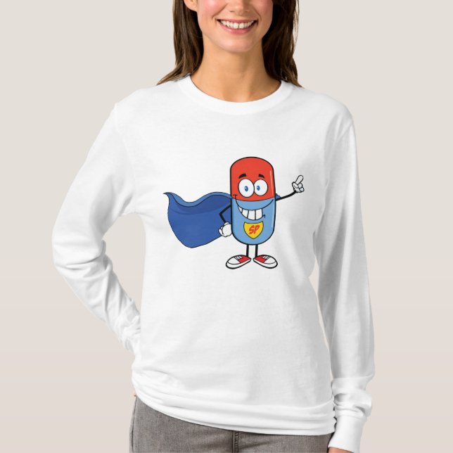 Super Pill Cartoon Hero Character T Shirt (Framsida)