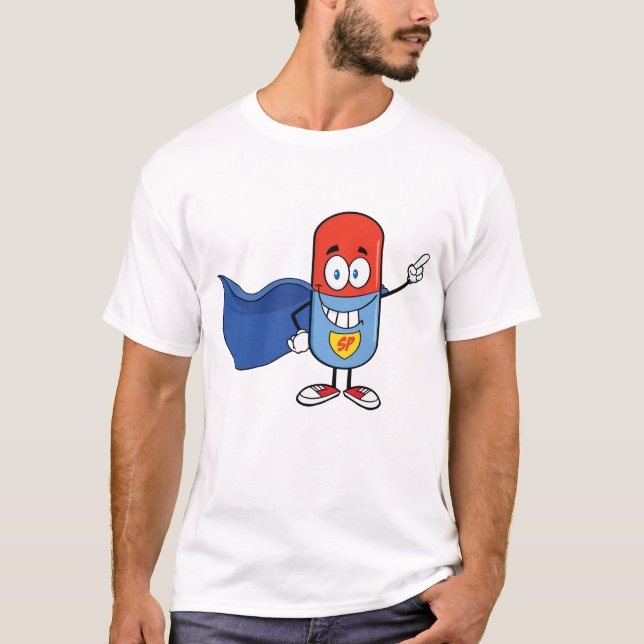 Super Pill Cartoon Hero Character T Shirt (Framsida)