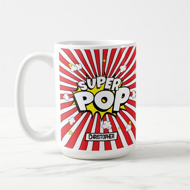 SUPER POP! Fun Dad Humor Popcorn Kaffemugg (Vänster)