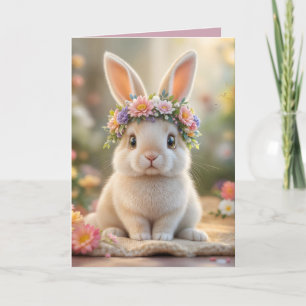 Super söt kanin med en blomsterkrans på huvudet  helgkort