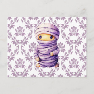 Super söt lila och vit mumie damask Halloween Helg Vykort