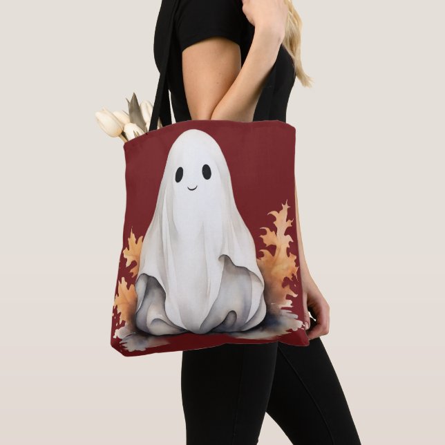 Super söt spökis lämnar hösten röd Halloween Tygkasse (Närbild)