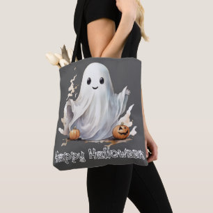 Super söta spökpumpor Grå Glad Halloween Tygkasse