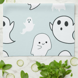 Super söta vita spöken grön Halloween Kökshandduk