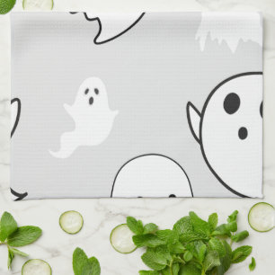 Super söta vita spöken Ljusgrå Halloween Kökshandduk