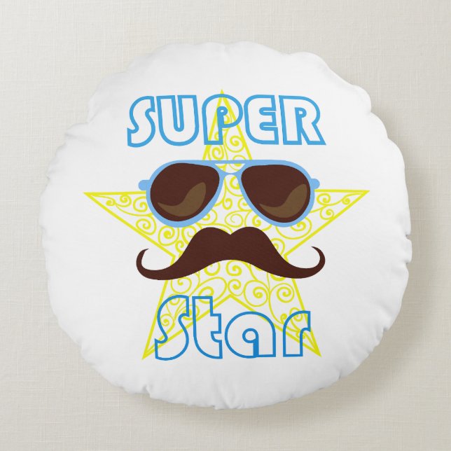 Super Star with sunglasses and mustache Rund Kudde (Framsidan)