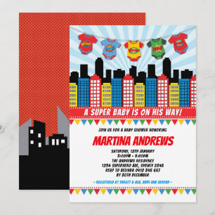 Superassistance Boy Shower Cityscape Tecknad Party Inbjudningar