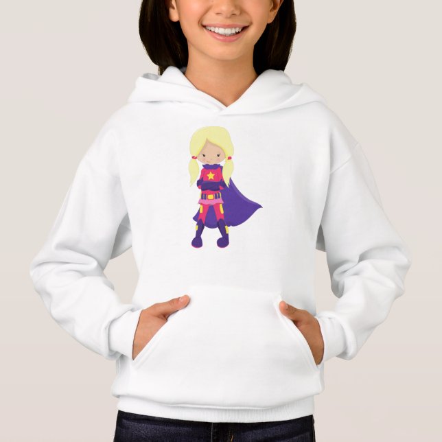 Superassistance Girl, Blonde Hair, Lila Cape, Hero T Shirt (Framsida)