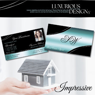 Superb Black Teal Curved Linjer Monogram och Photo Visitkort