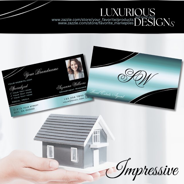 Superb Black Teal Curved Linjer Monogram och Photo Visitkort (Skapare uppladdad)