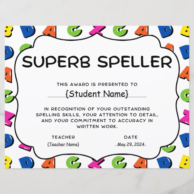 Superb Speller Student Recognition Award (Framsida)
