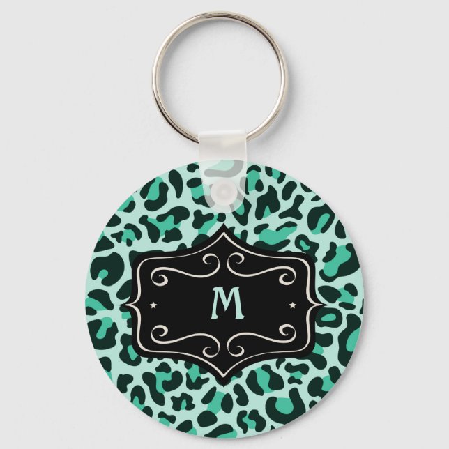 Supercool turkos akvablå leopardtryck monogram nyckelring (Framsida)
