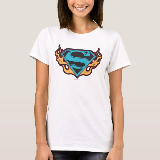 Supergirl Blue Logotyp med Flames Tee Shirt (Framsida)