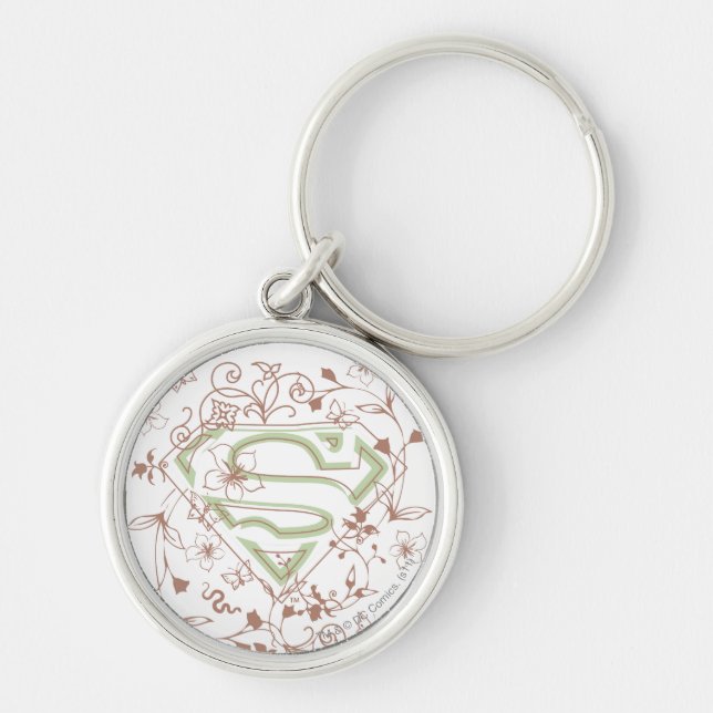 Supergirl Grönt Blommigt Logotyp Rund Silverfärgad Nyckelring (Framsidan)