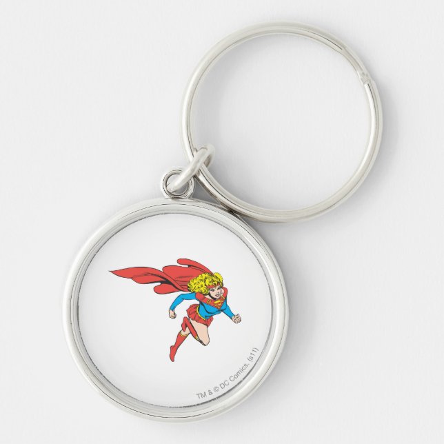 Supergirl Leaps Höger Rund Silverfärgad Nyckelring (Framsidan)