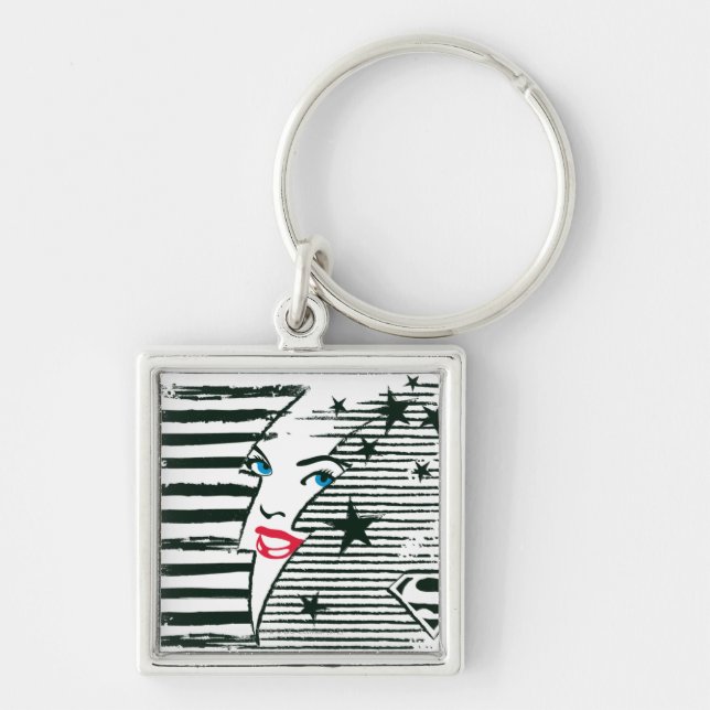 Supergirl Lightning med Ansikte Fyrkantig Silverfärgad Nyckelring (Framsidan)